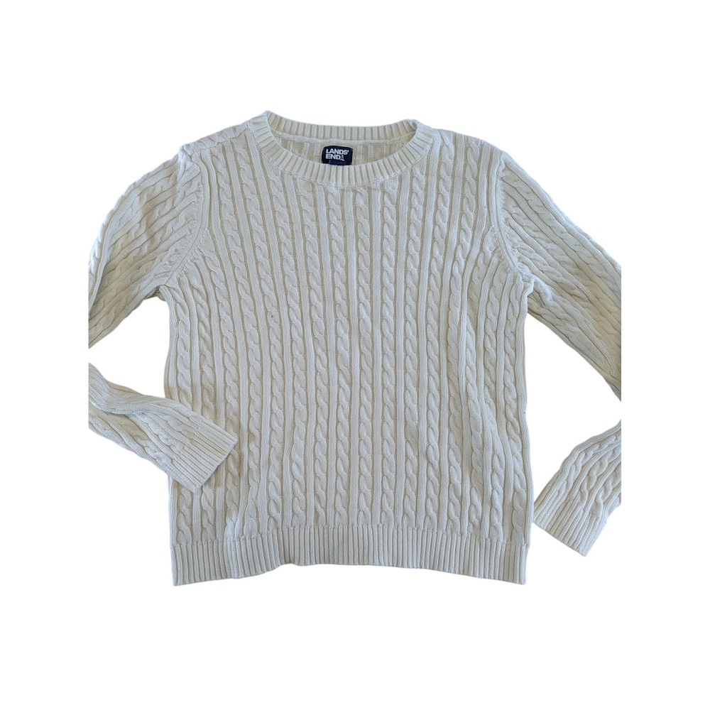 Lands End Drifter Ivory Cable Knit Cotton Crew Neck Sweater Womens Small 6-8